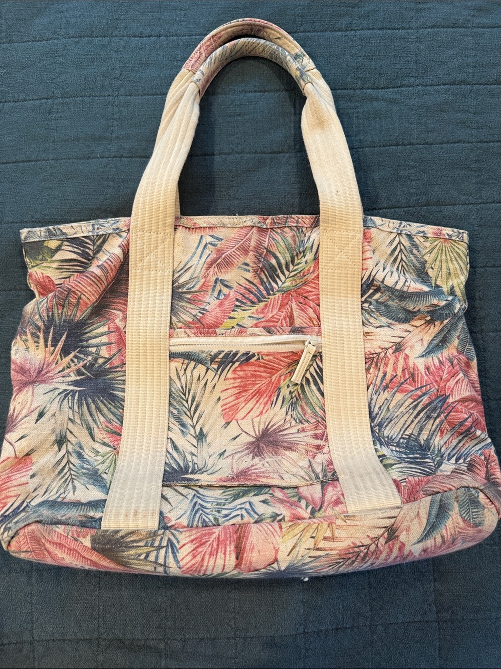 Marine Layer Tropical Leaf Canvas Tote in Coral, Blue & Cream